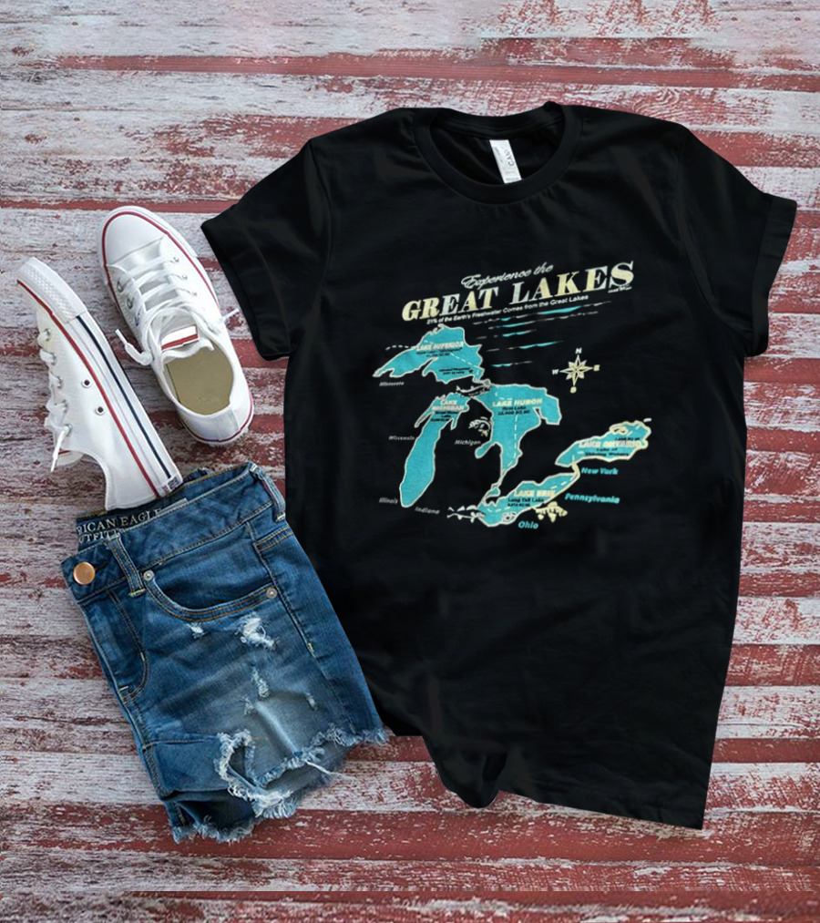 Experience The Great Lakes Map United States Geography Featuring Lake Michigan Superior Huron Erie Ontario T-Shirt