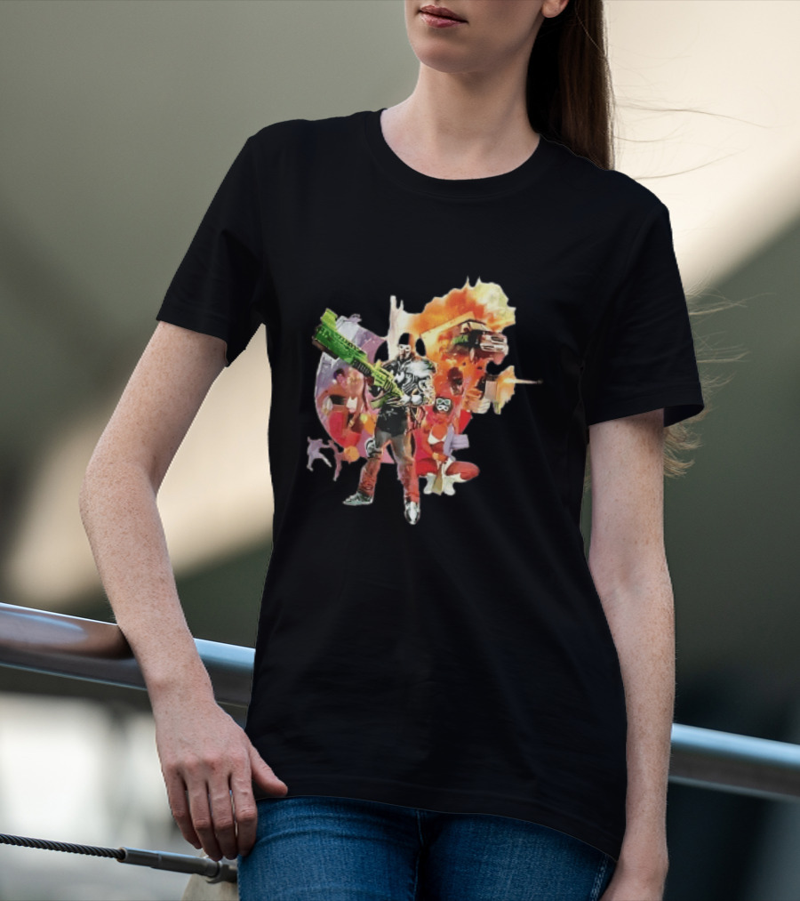 Masked Skeleton Soldier Green Rifle Fire Explosion Flying Truck Collage T-Shirt