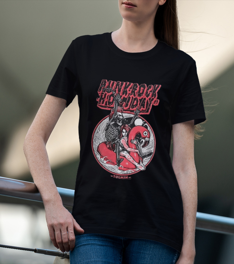 Punk Rock Holiday 19 Tolmin Mohawk Skeleton Riding Pink Flamingo Ocean Waves T-Shirt