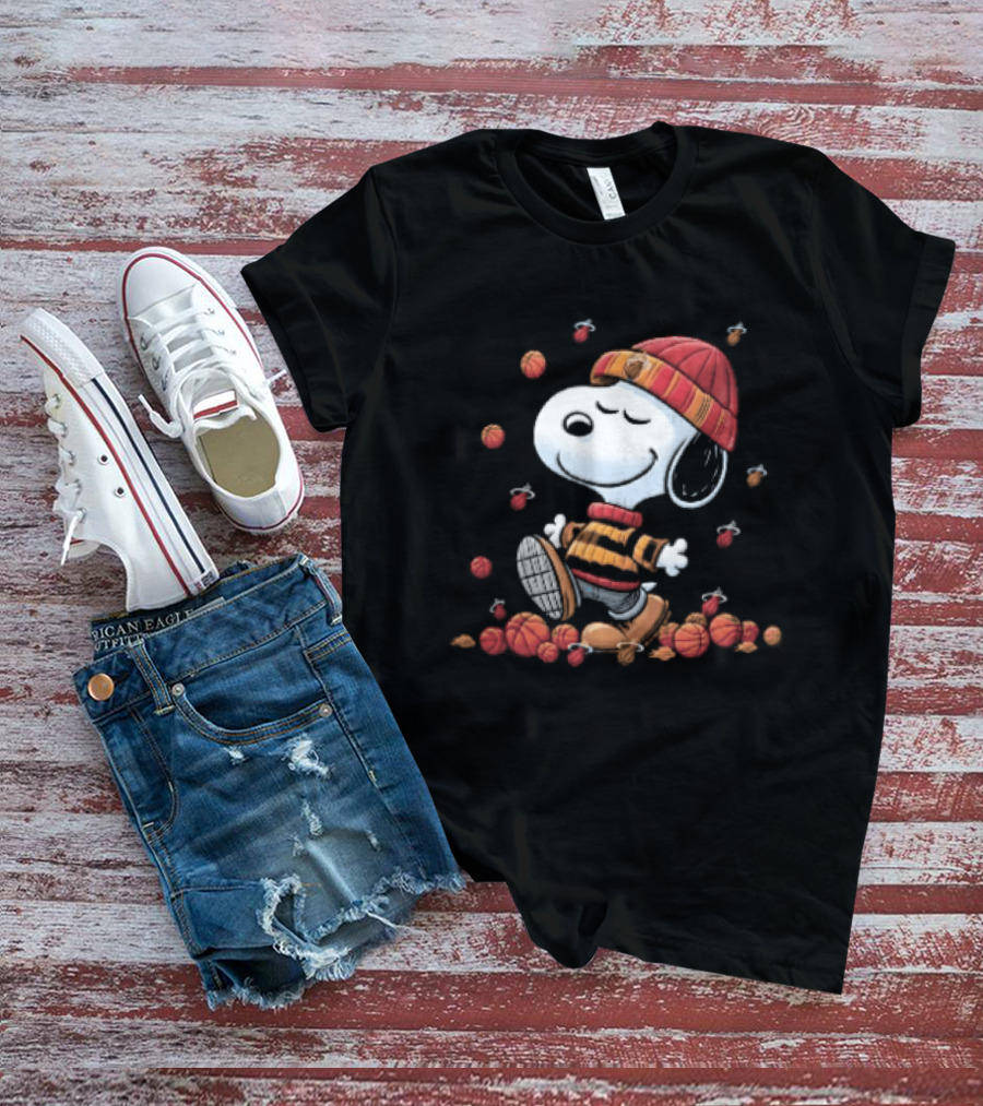 Miami Heat NBA Snoopy Walking Beanie Striped Flaming Basketballs Black T-Shirt