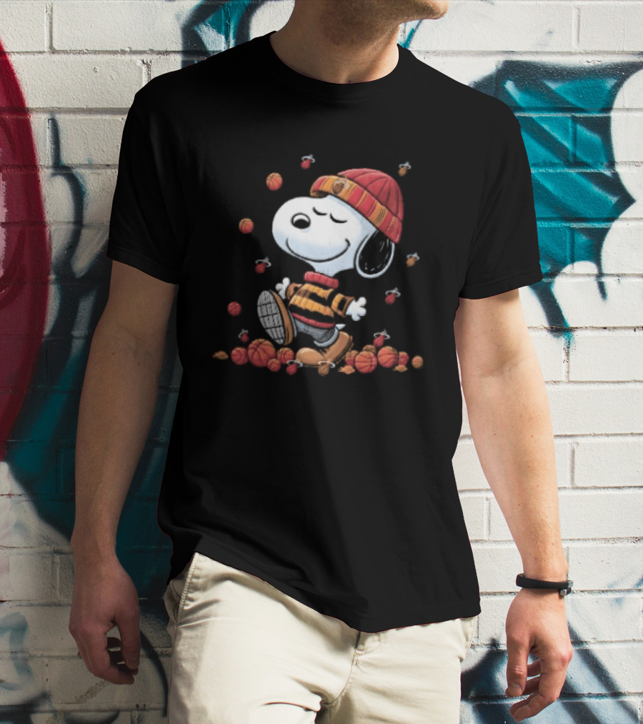 Miami Heat NBA Snoopy Walking Beanie Striped Flaming Basketballs Black T-Shirt
