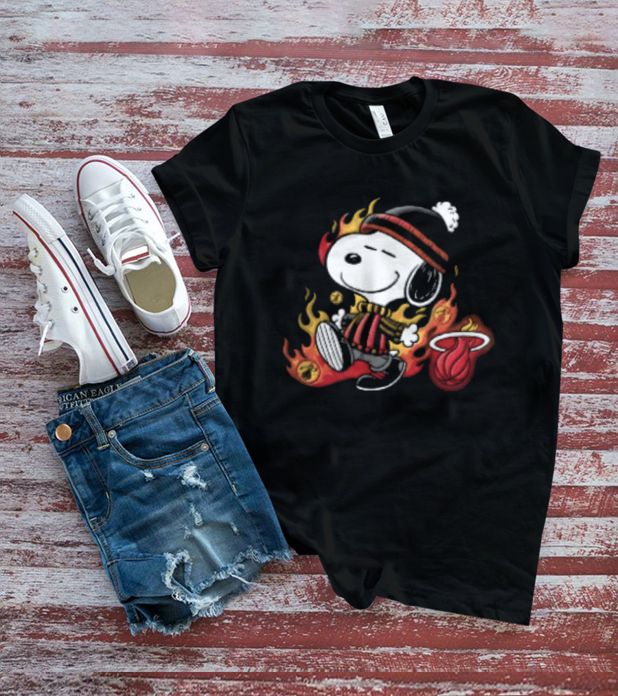 Miami Heat NBA Snoopy Walking Beanie Striped Flames Cartoon T-Shirt