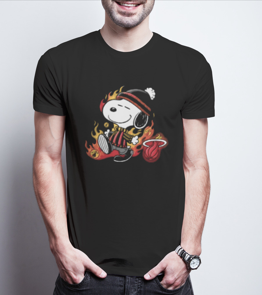 Miami Heat NBA Snoopy Walking Beanie Striped Flames Cartoon T-Shirt