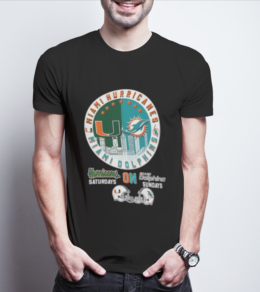 Miami Hurricanes Dolphins City Skyline Saturdays Sundays Two Helmets T-Shirt