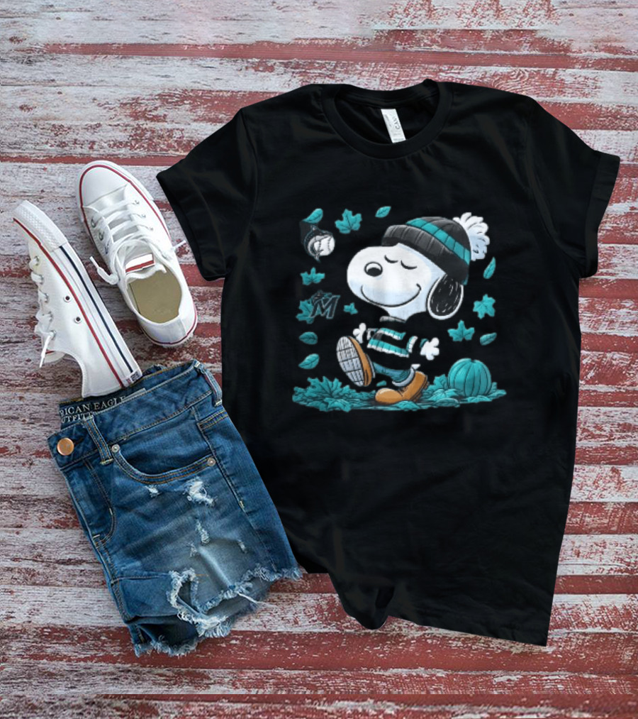 Miami Marlins Snoopy Walking Winter Beanie Autumn Leaves Pumpkin MLB Cartoon T-Shirt