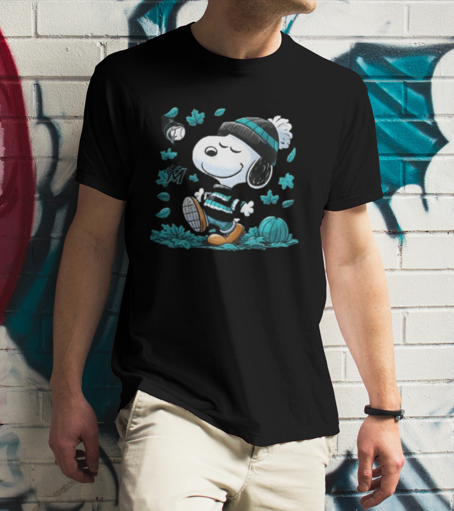 Miami Marlins Snoopy Walking Winter Beanie Autumn Leaves Pumpkin MLB Cartoon T-Shirt