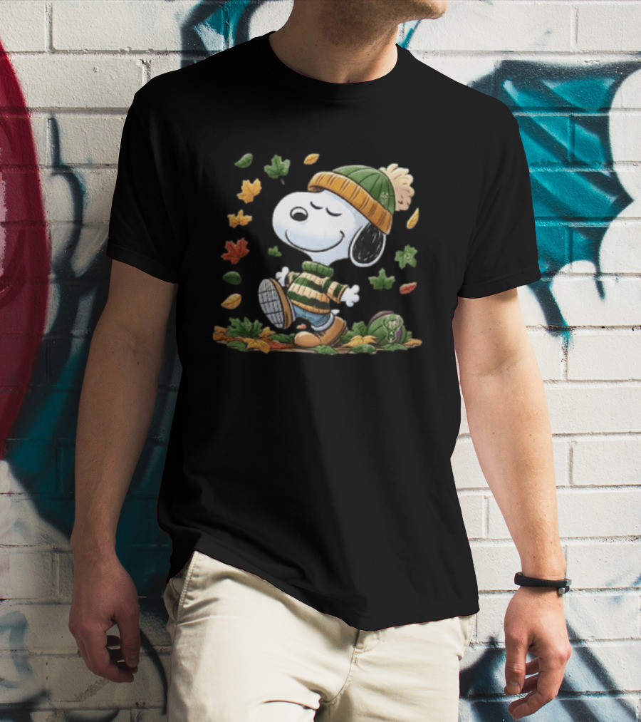 Milwaukee Bucks Snoopy In Beanie Walking Through Autumn Leaves Cartoon T-Shirt