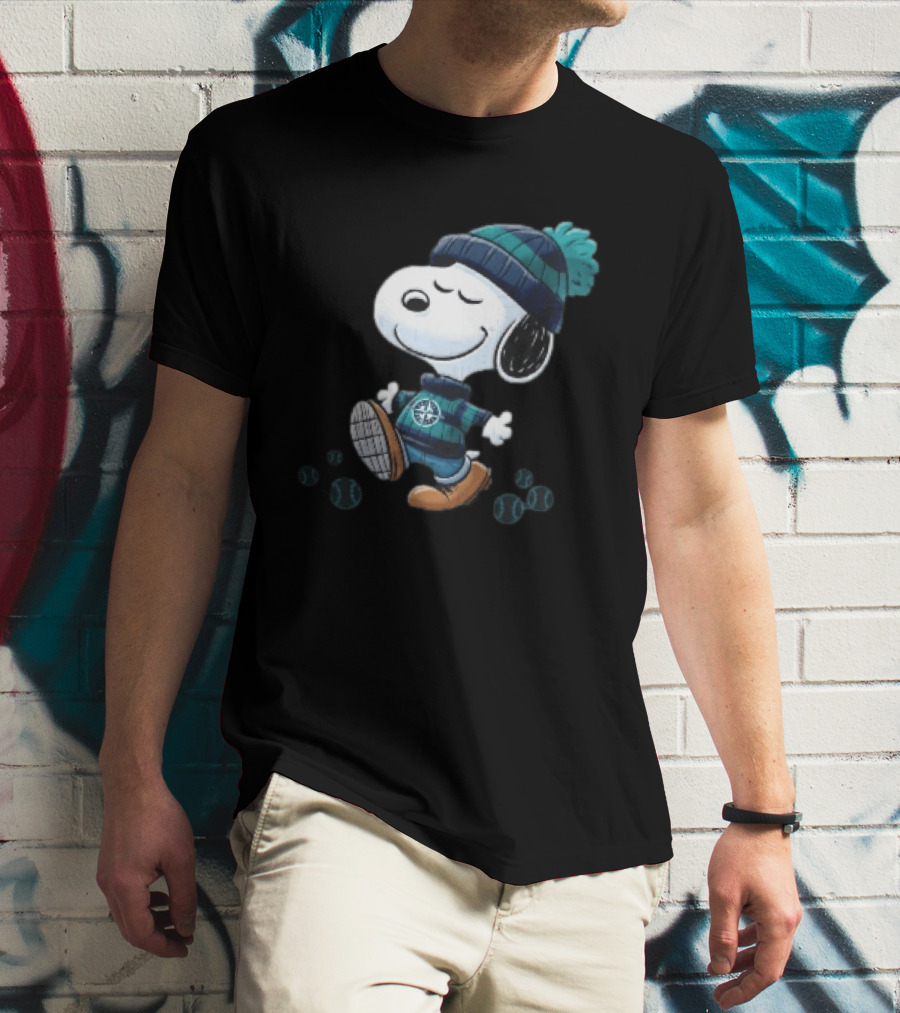 Seattle Mariners Snoopy Walking Beanie And Baseballs MLB Cartoon T-Shirt