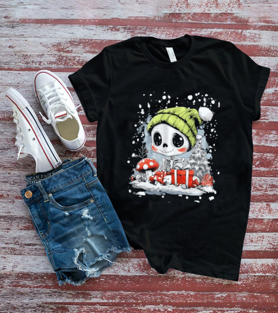 Skeleton In Green Beanie Hat With Mushroom And Christmas Present T-Shirt