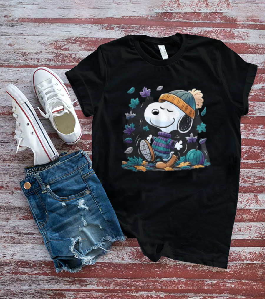 Snoopy Autumn Walk Striped Beanie Pumpkin And Falling Leaves T-Shirt