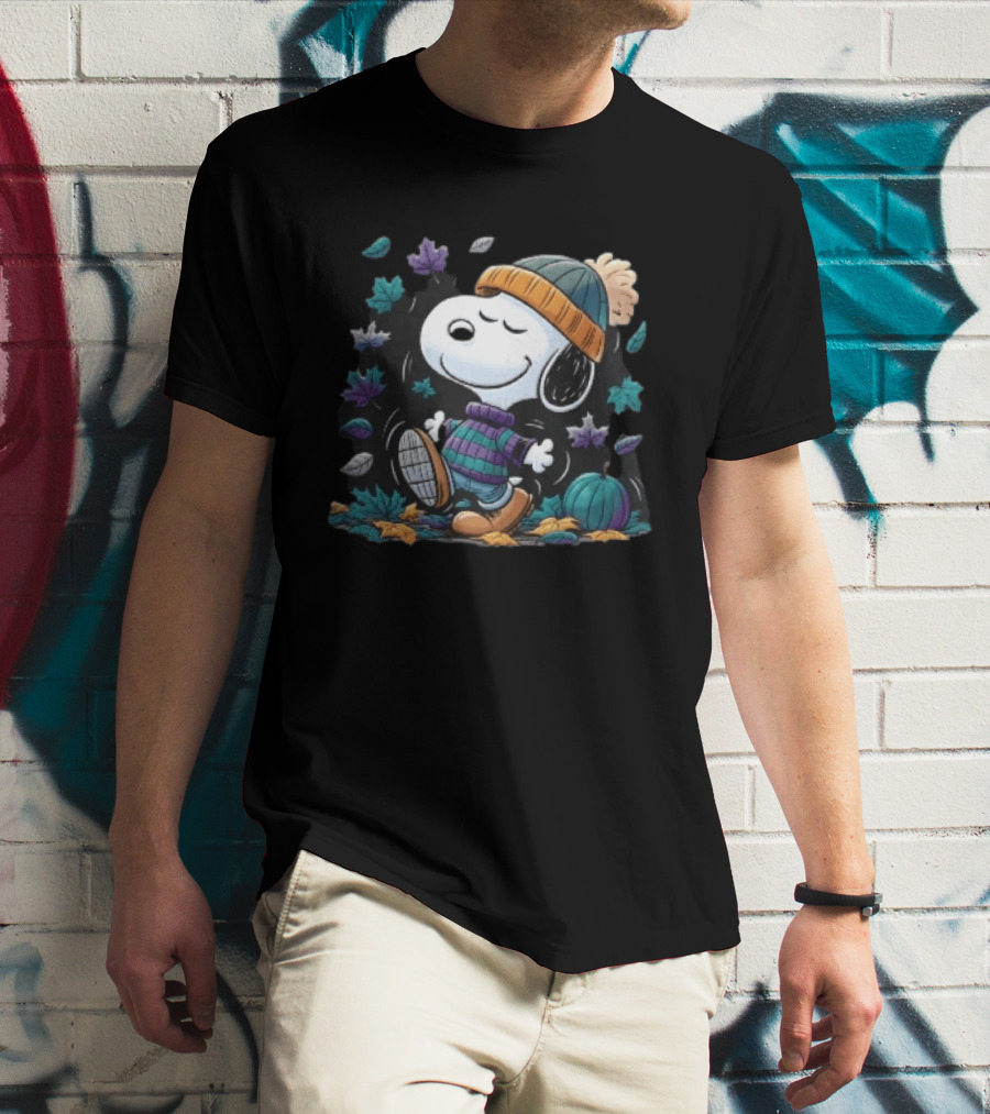 Snoopy Autumn Walk Striped Beanie Pumpkin And Falling Leaves T-Shirt