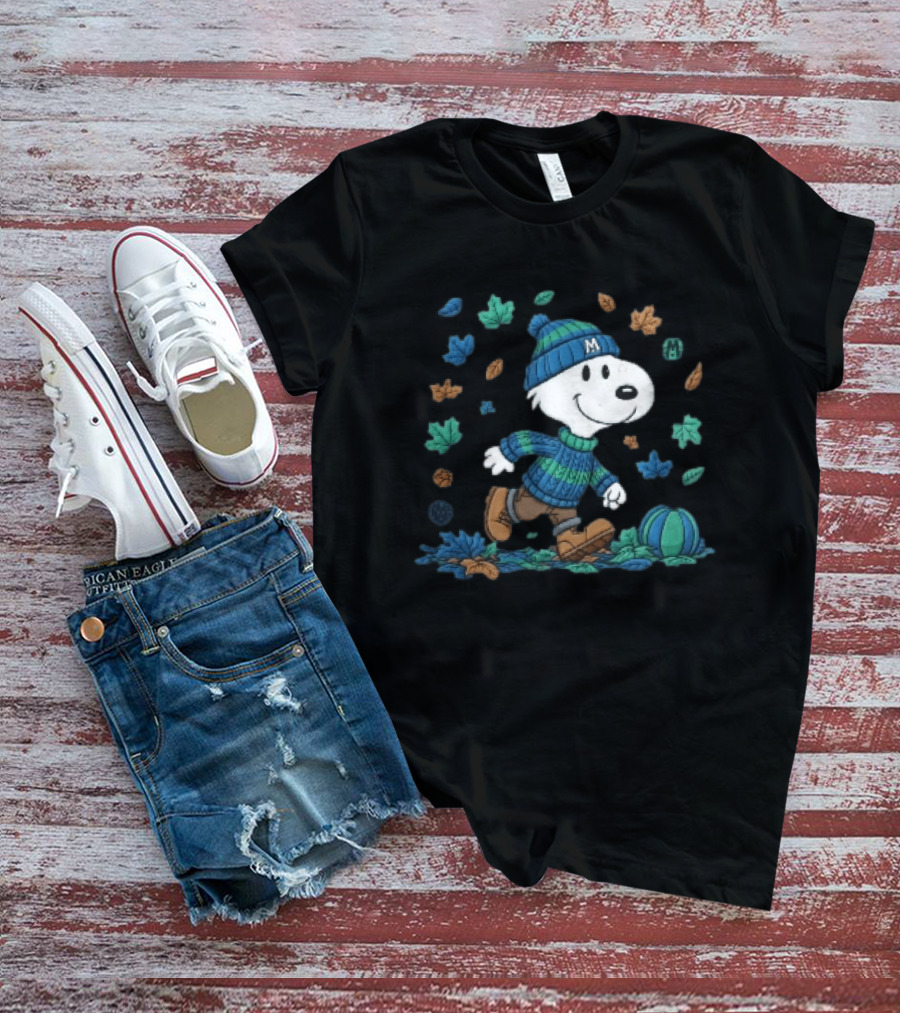 Snoopy Walking Autumn Leaves Blue Green Beanie Pumpkin T-Shirt