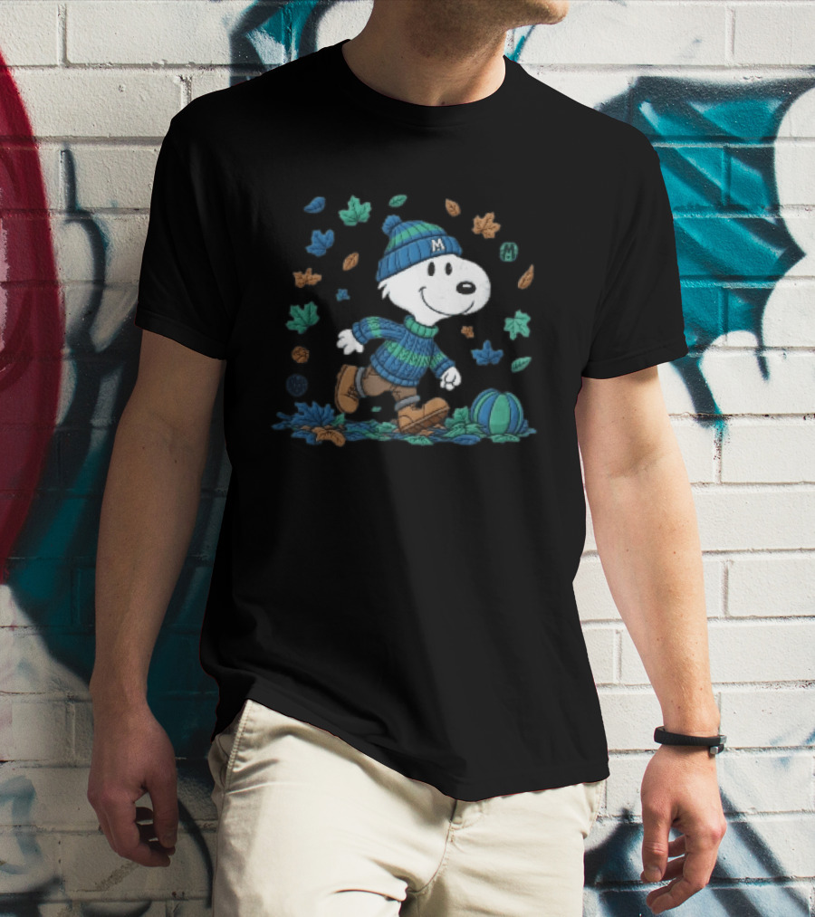 Snoopy Walking Autumn Leaves Blue Green Beanie Pumpkin T-Shirt