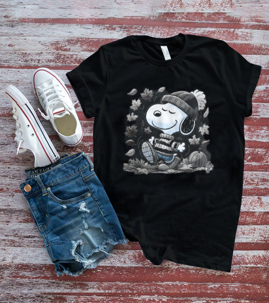 Snoopy Walking Beanie Striped Sweater Autumn Leaves Pumpkin Cartoon T-Shirt