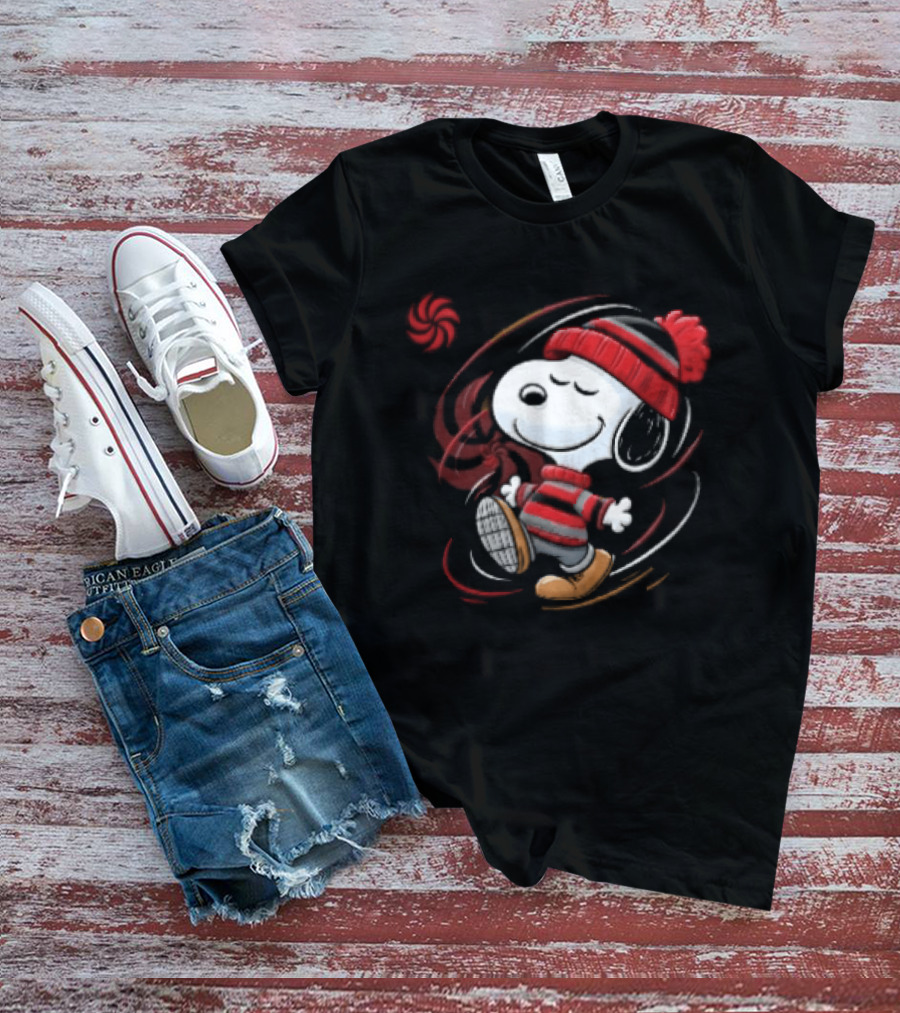 Snoopy Walking Red Black Striped Beanie Swirl Cartoon T-Shirt