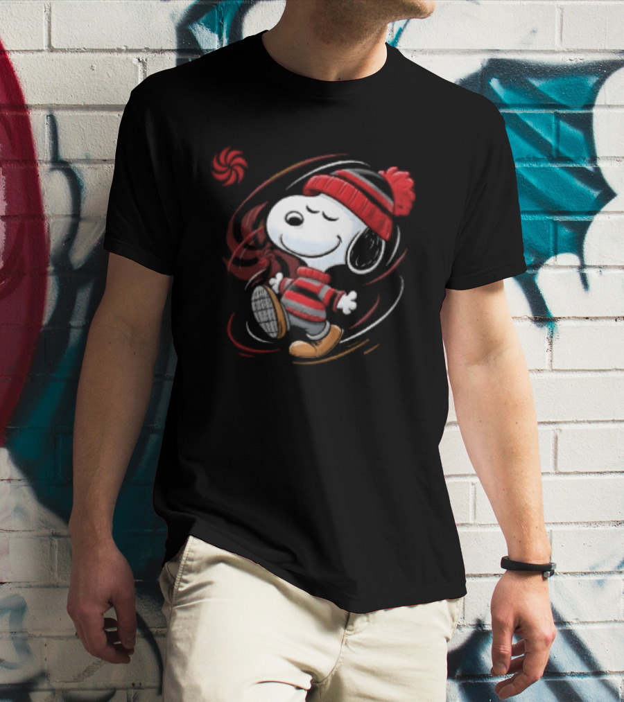 Snoopy Walking Red Black Striped Beanie Swirl Cartoon T-Shirt
