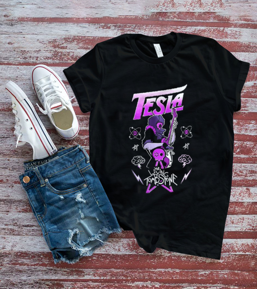 Tesla The Living Tombstone Purple Hooded Skull Mask Electric Guitar Pixel T-Shirt