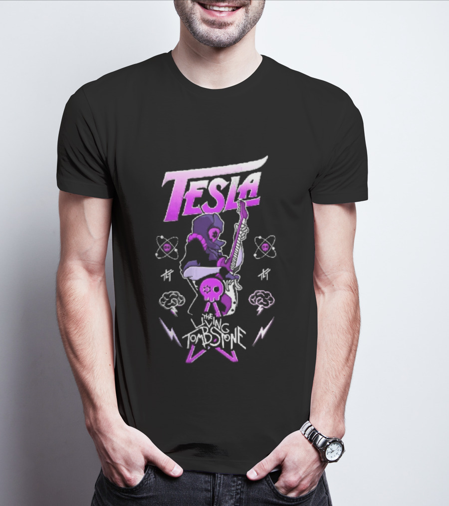Tesla The Living Tombstone Purple Hooded Skull Mask Electric Guitar Pixel T-Shirt