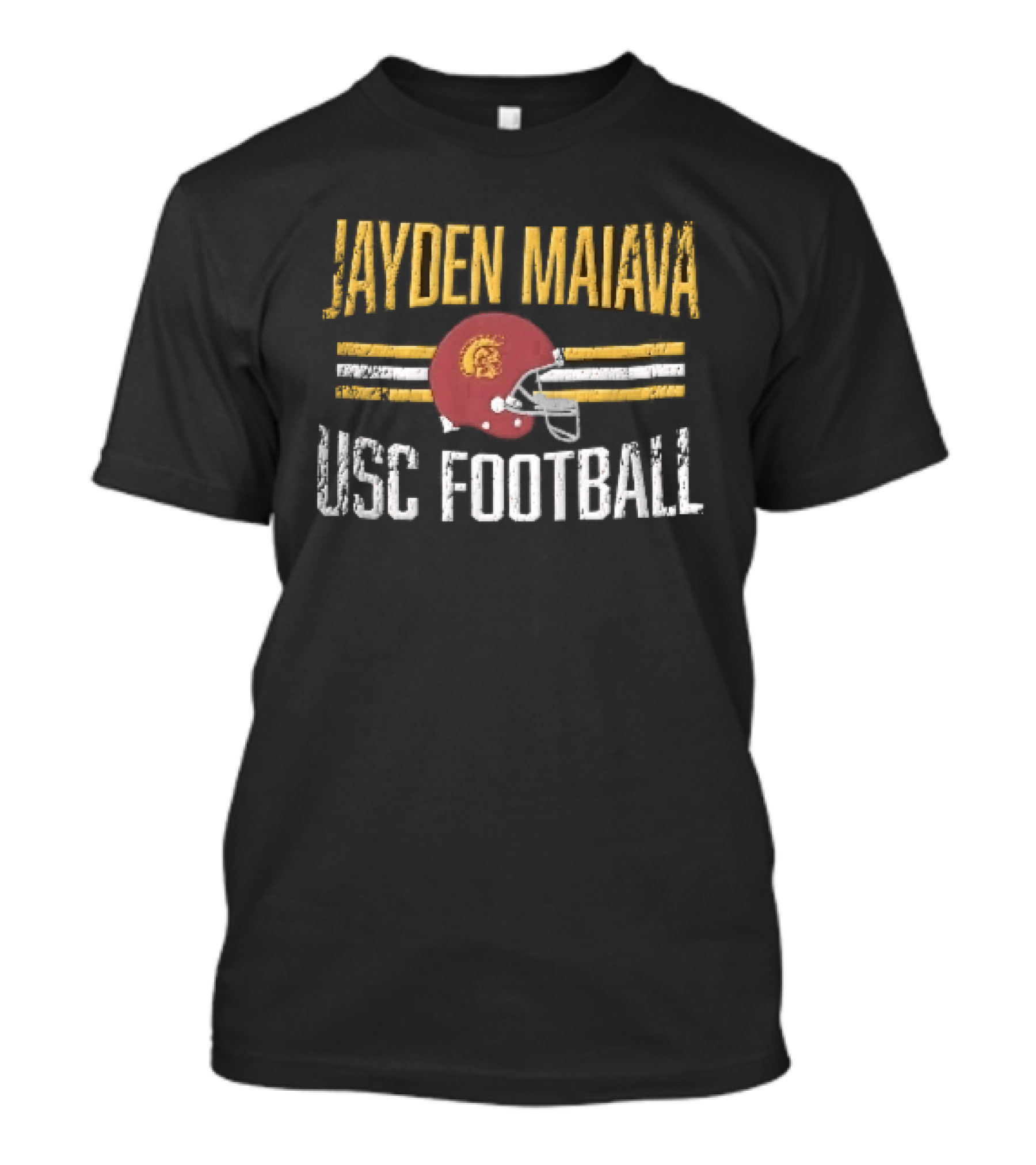 Jayden Maiava USC Football Distressed Helmet Yellow Stripes T-Shirt