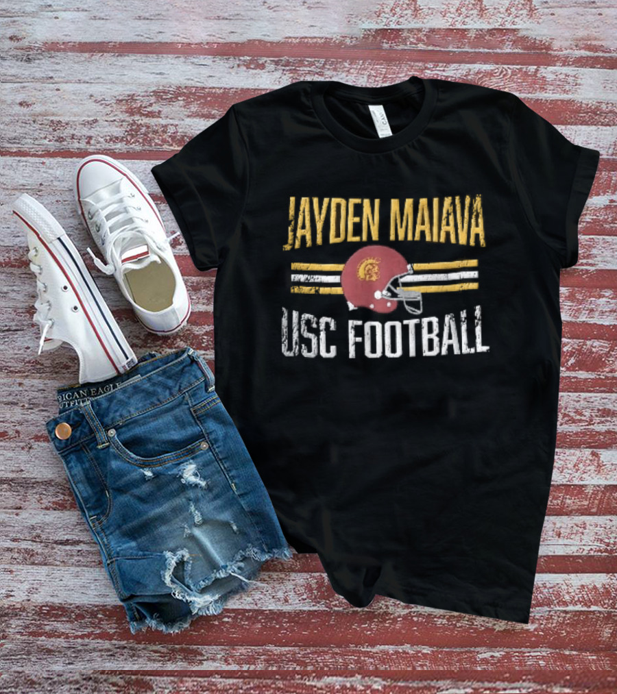Jayden Maiava USC Football Distressed Helmet Yellow Stripes T-Shirt