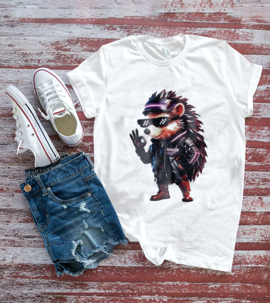 Danger Hedgehog Pixel Sunglasses Leather Jacket T-Shirt