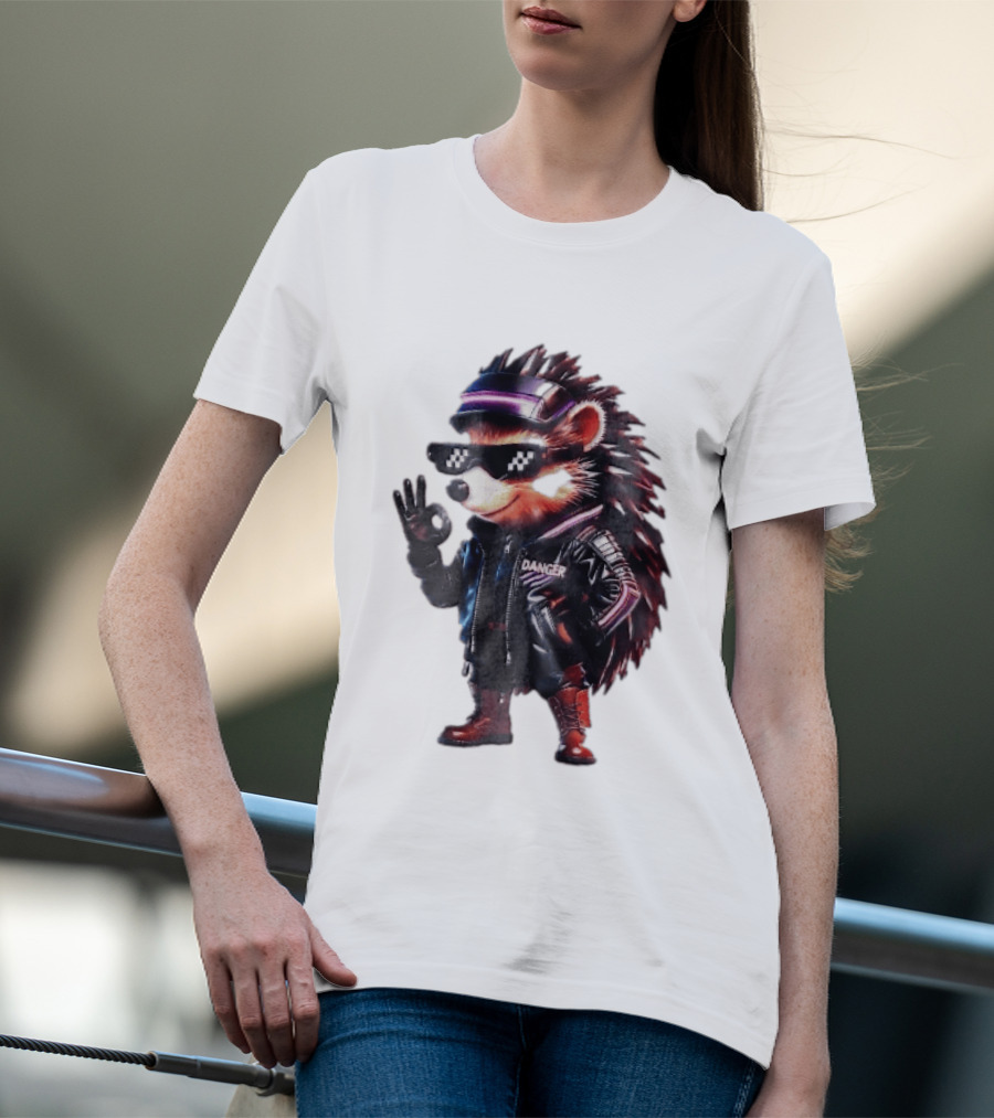 Danger Hedgehog Pixel Sunglasses Leather Jacket T-Shirt