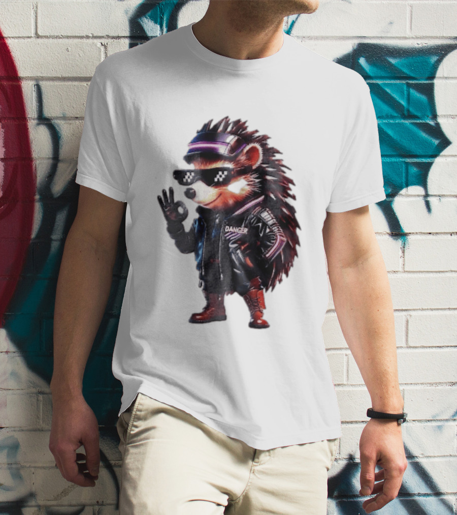 Danger Hedgehog Pixel Sunglasses Leather Jacket T-Shirt