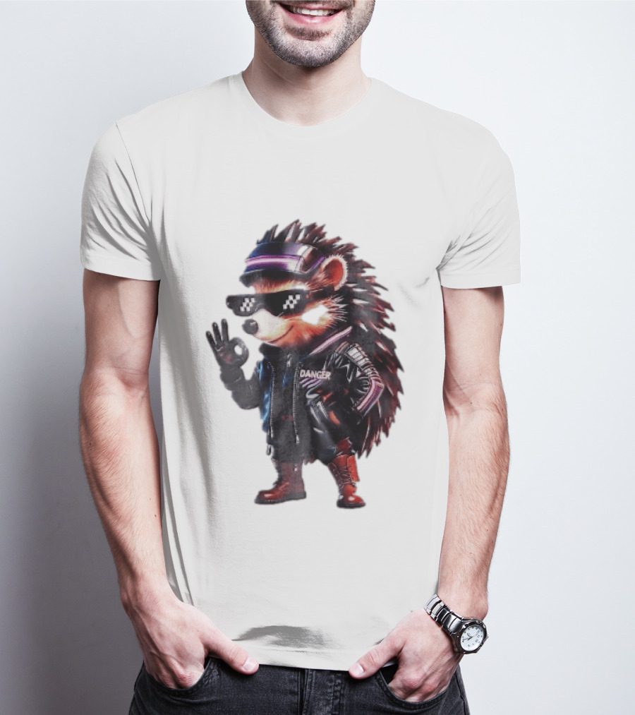 Danger Hedgehog Pixel Sunglasses Leather Jacket T-Shirt