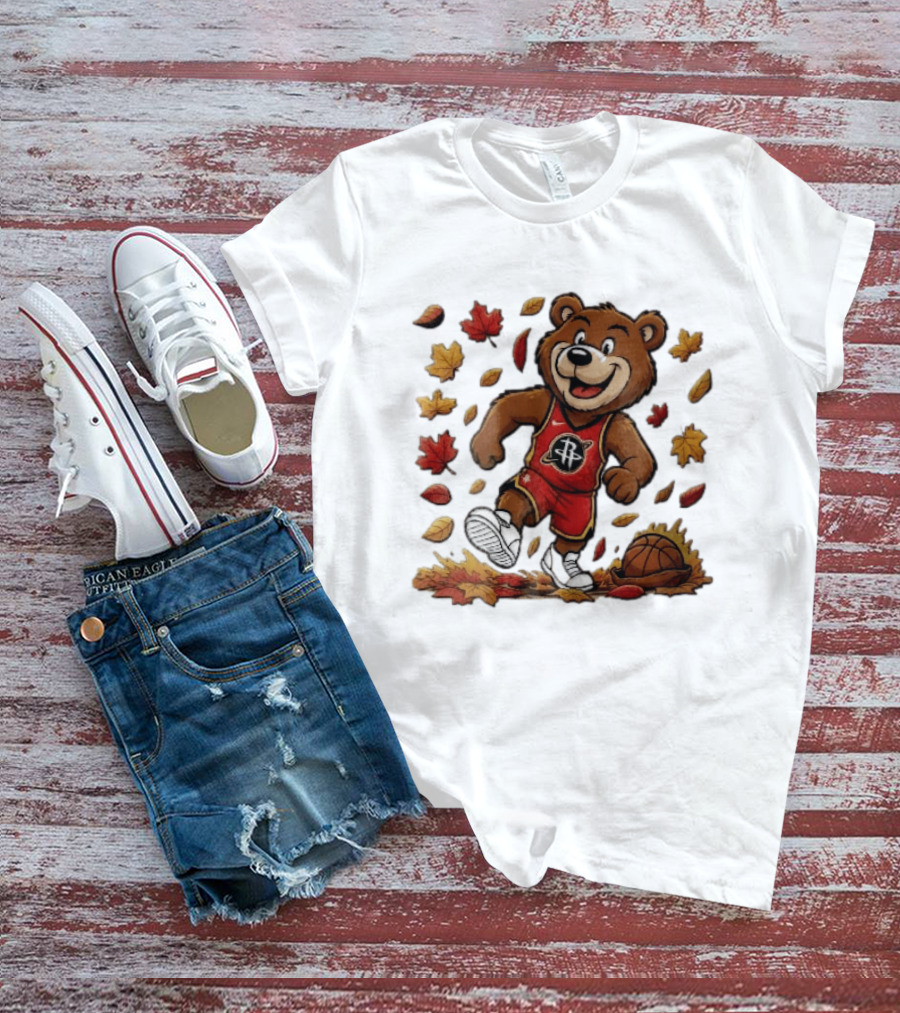 Houston Rockets Clutch The Bear Running With Basketball And Autumn Leaves T-Shirt