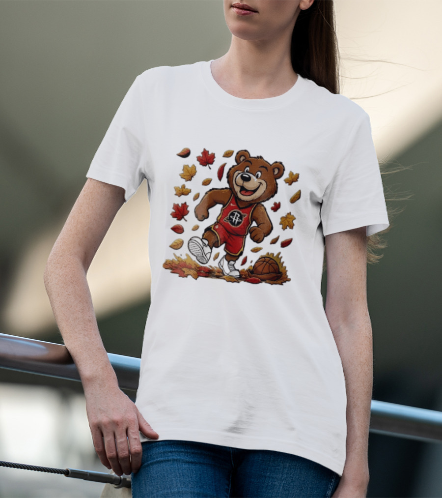Houston Rockets Clutch The Bear Running With Basketball And Autumn Leaves T-Shirt