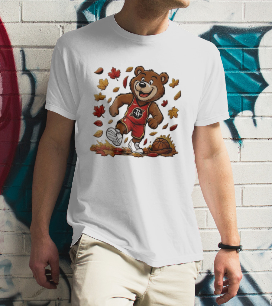 Houston Rockets Clutch The Bear Running With Basketball And Autumn Leaves T-Shirt