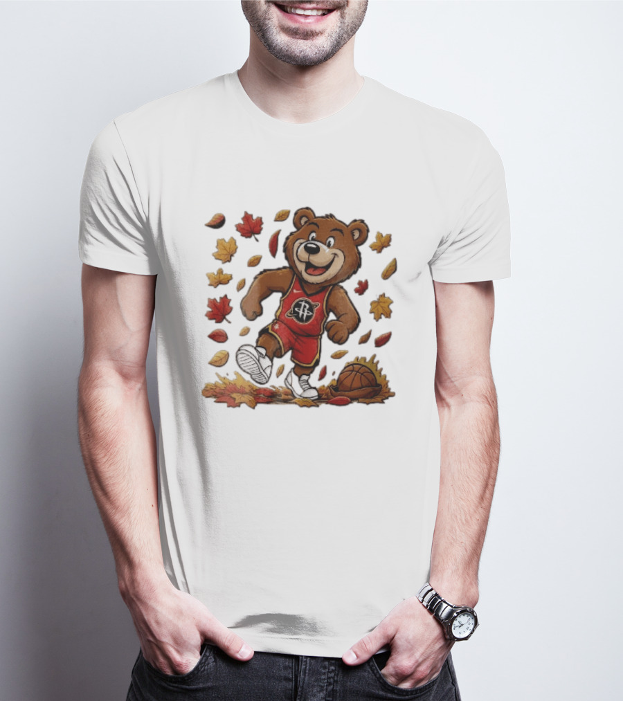 Houston Rockets Clutch The Bear Running With Basketball And Autumn Leaves T-Shirt