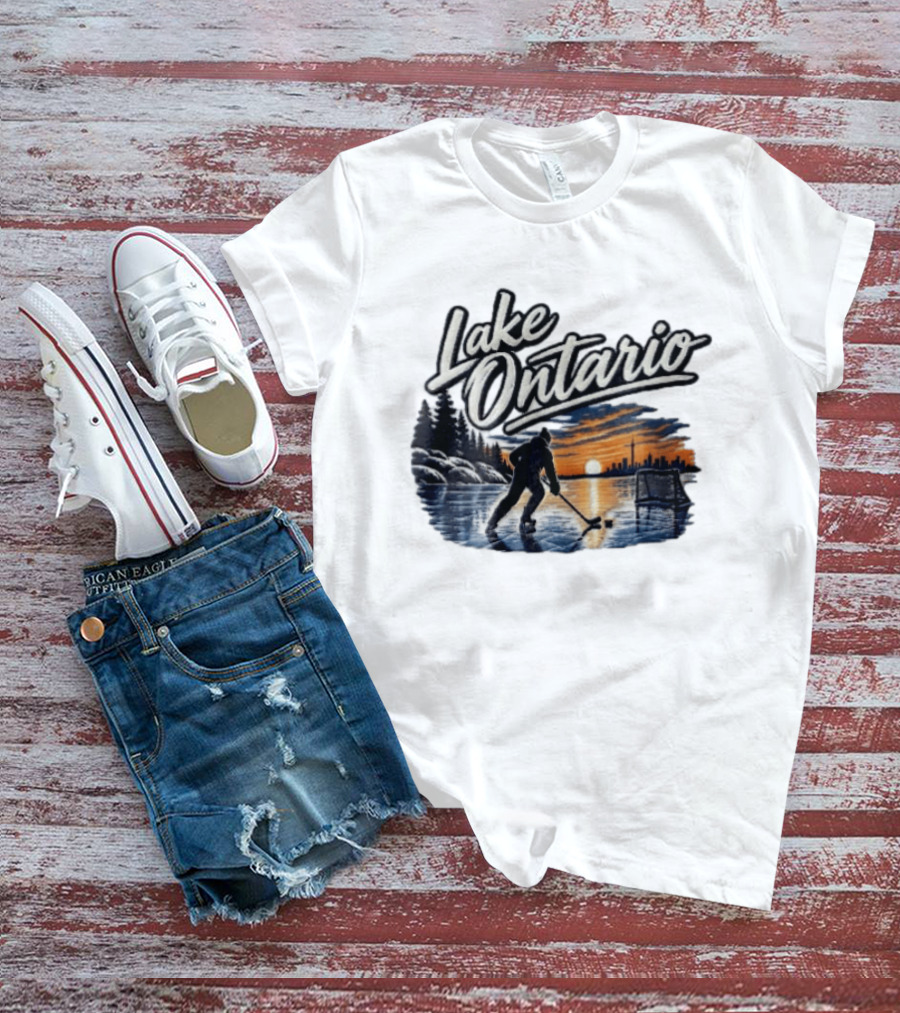 Lake Ontario Ice Hockey Player Skating Sunset Toronto Skyline T-Shirt