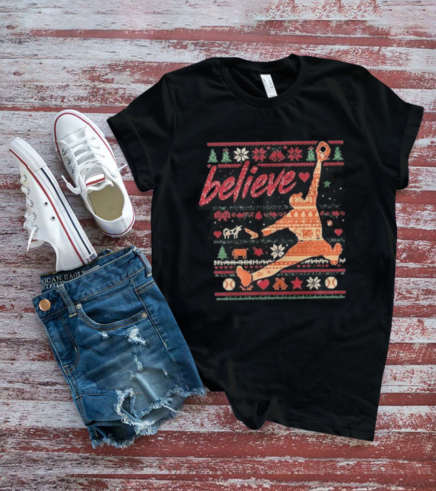 Believe Orioles Air Cowser Ugly Christmas Festive Sweater Baseball Catch T-Shirt