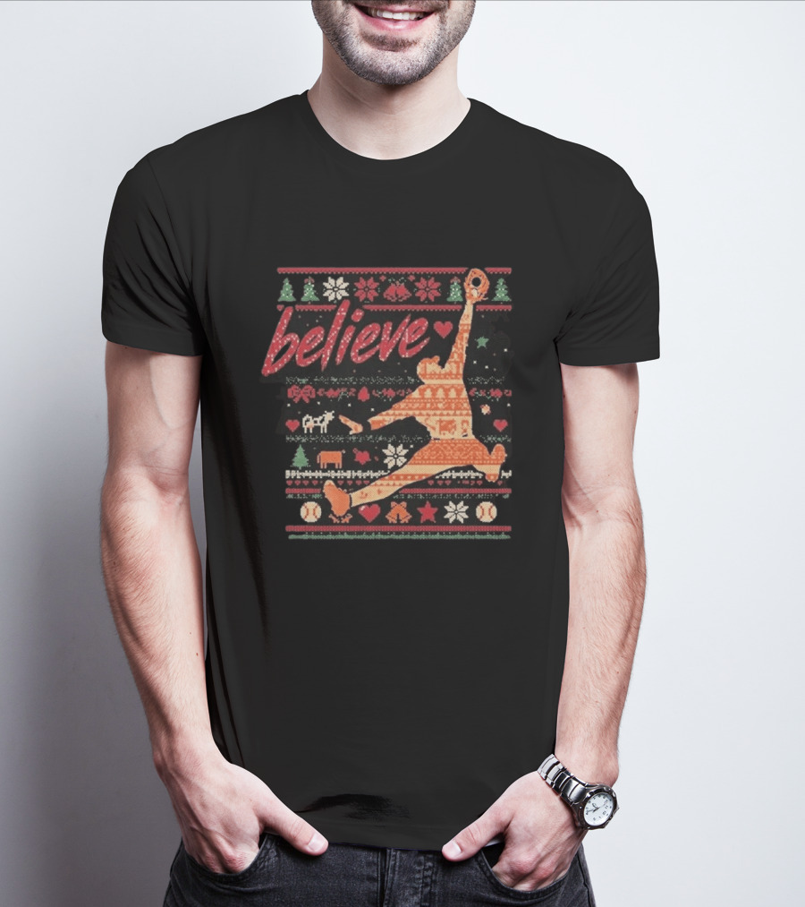 Believe Orioles Air Cowser Ugly Christmas Festive Sweater Baseball Catch T-Shirt