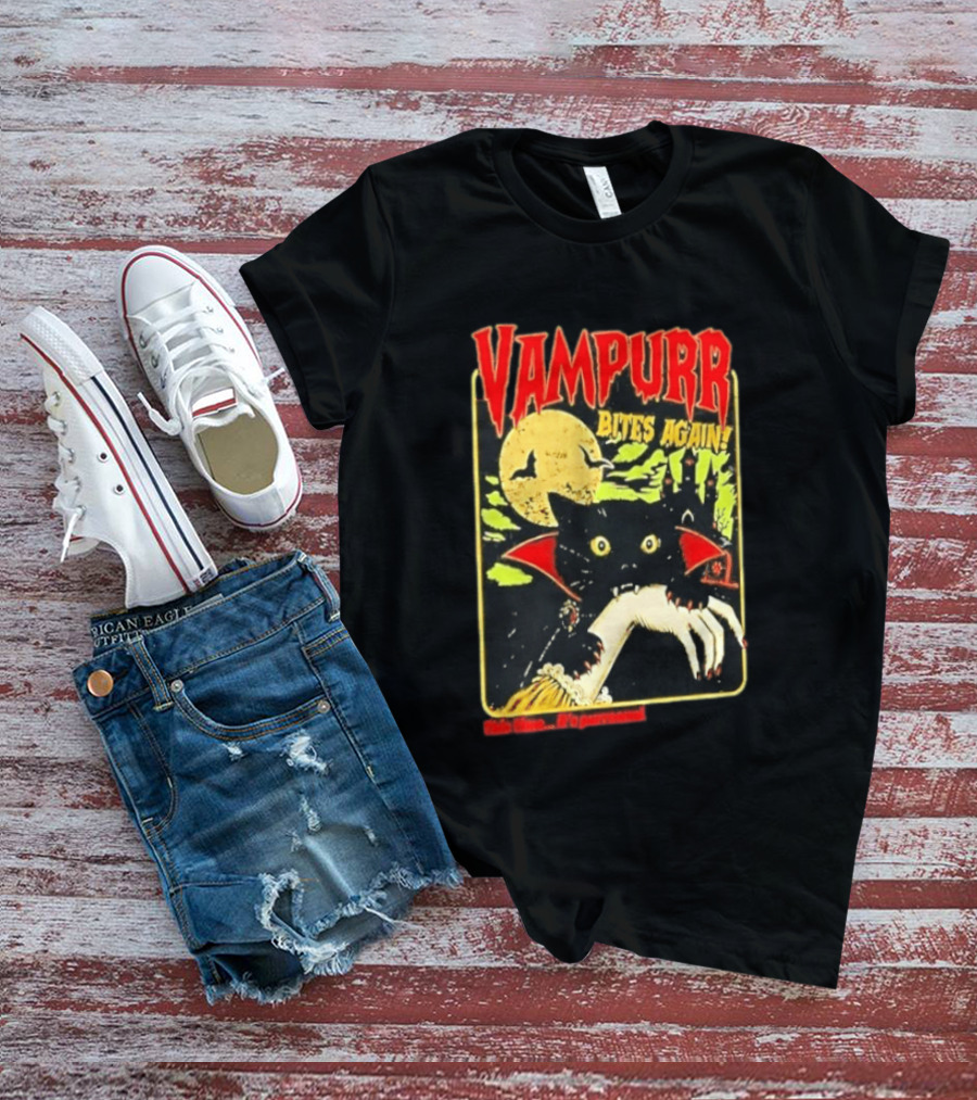 Vampurr Bites Again This Time It's Purrsonal Vintage Horror Cat Moon And Castle T-Shirt