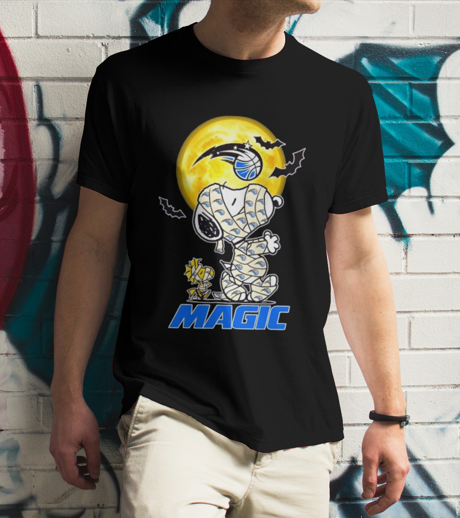 Orlando Magic Snoopy Woodstock Halloween Mummy Cosplay With Moon And Bats T-Shirt