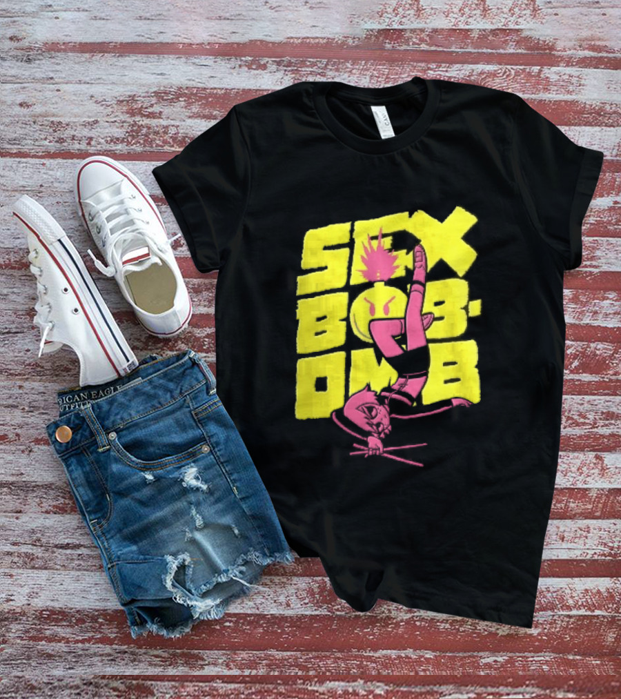 Sex Bob Omb Inverted Pink Cartoon Drummer With Drumsticks Bold Yellow T-Shirt