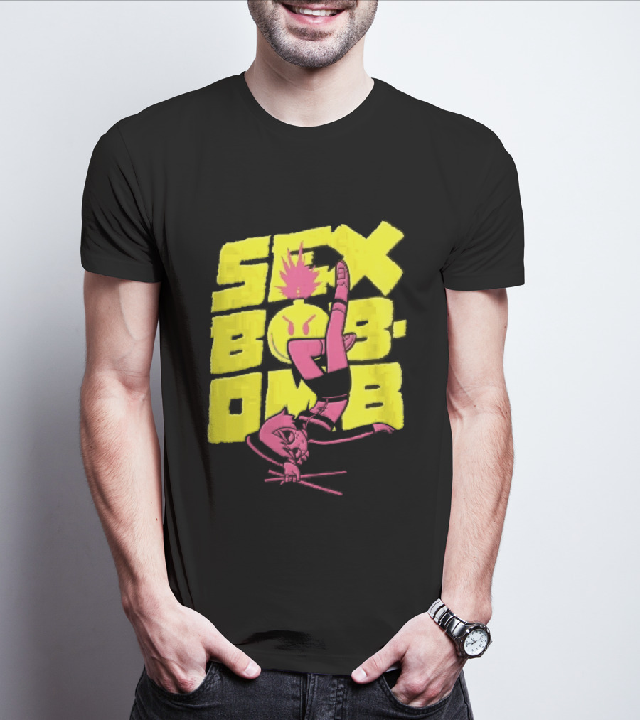 Sex Bob Omb Inverted Pink Cartoon Drummer With Drumsticks Bold Yellow T-Shirt