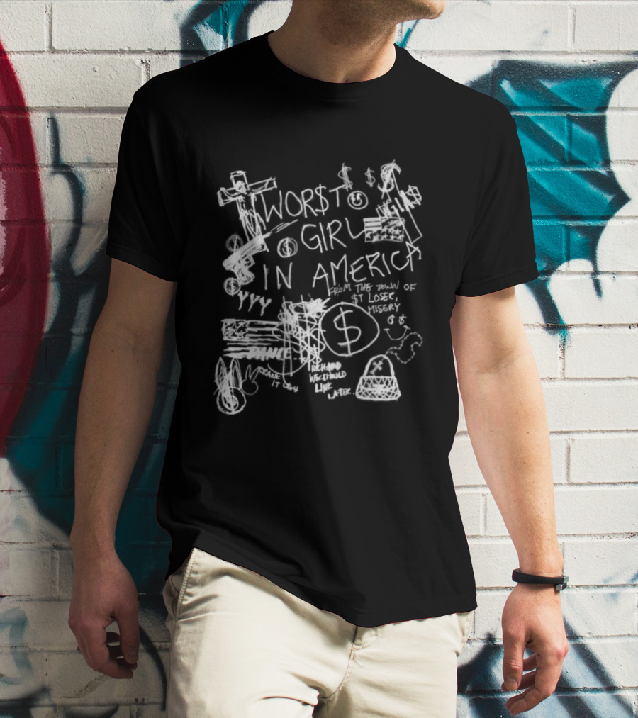 Slayyyter Store Sharpie Black Worst Girl In America Dollar Sign T-Shirt