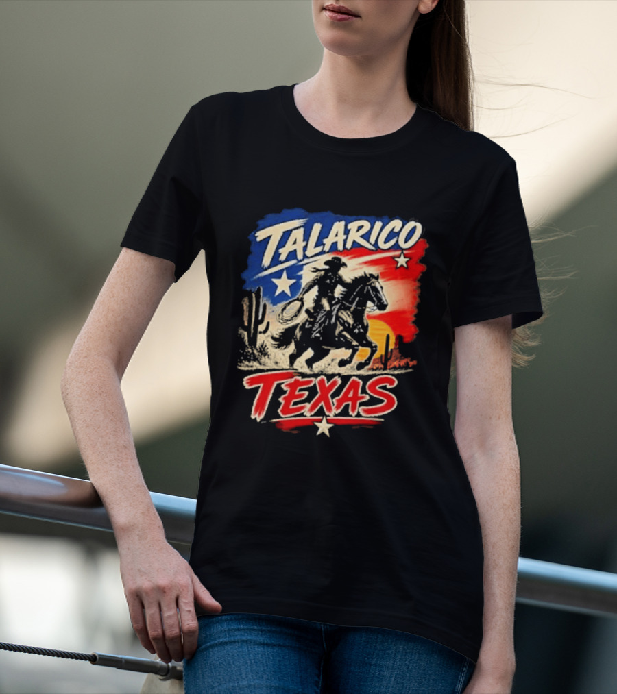 Talarico Texas Cowboy Riding Silhouette With Lone Star And Cactus T-Shirt
