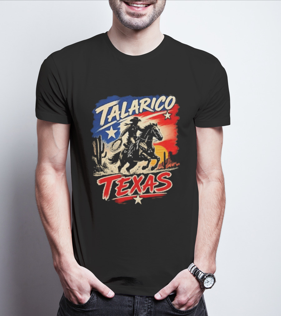 Talarico Texas Cowboy Riding Silhouette With Lone Star And Cactus T-Shirt