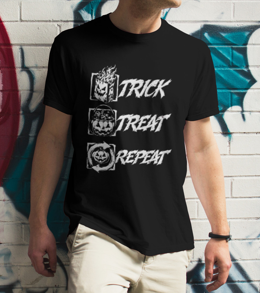 Trick Treat Repeat Flaming Bag Candy Bucket Pumpkin Motif T-Shirt