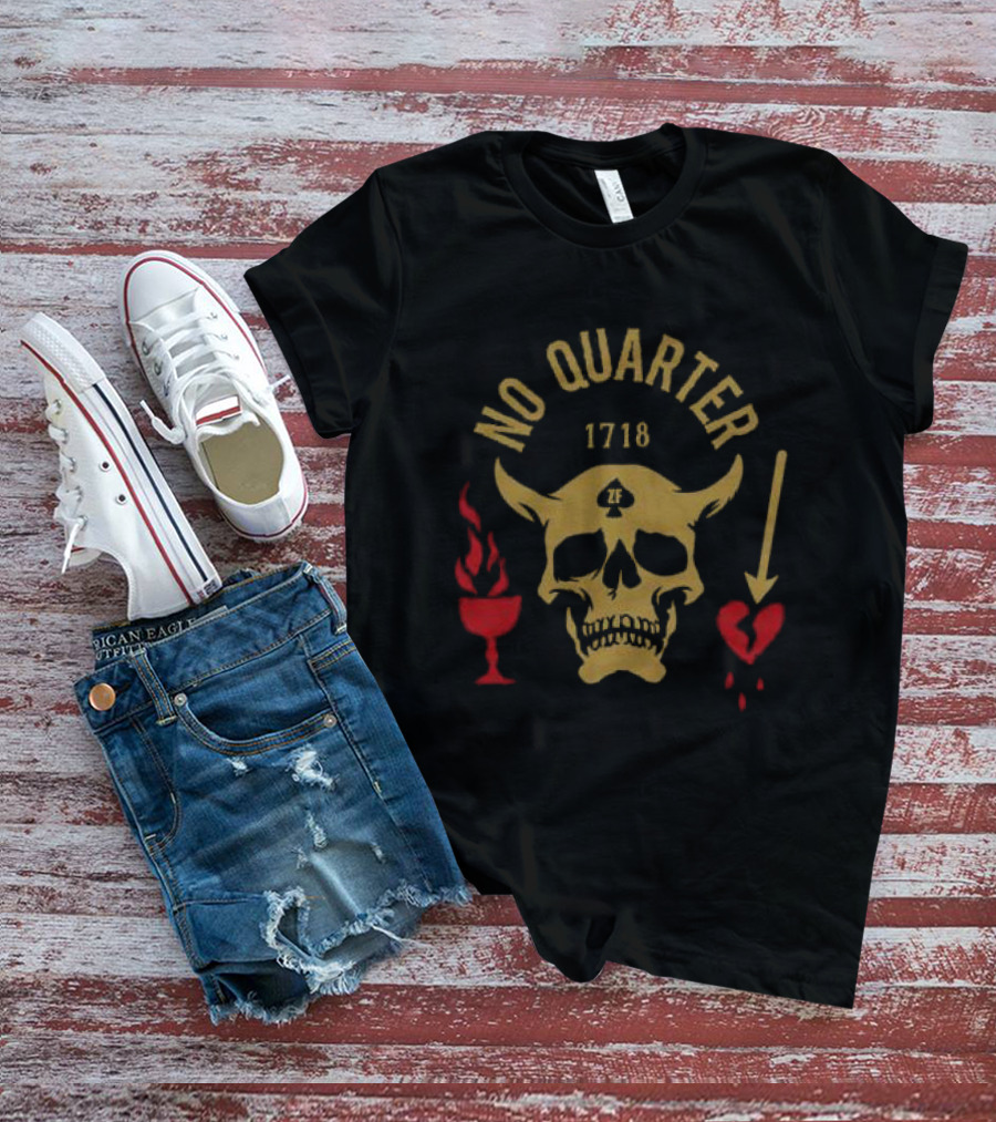 No Quarter 1718 Skull Red Heart Flame Arrow T-Shirt