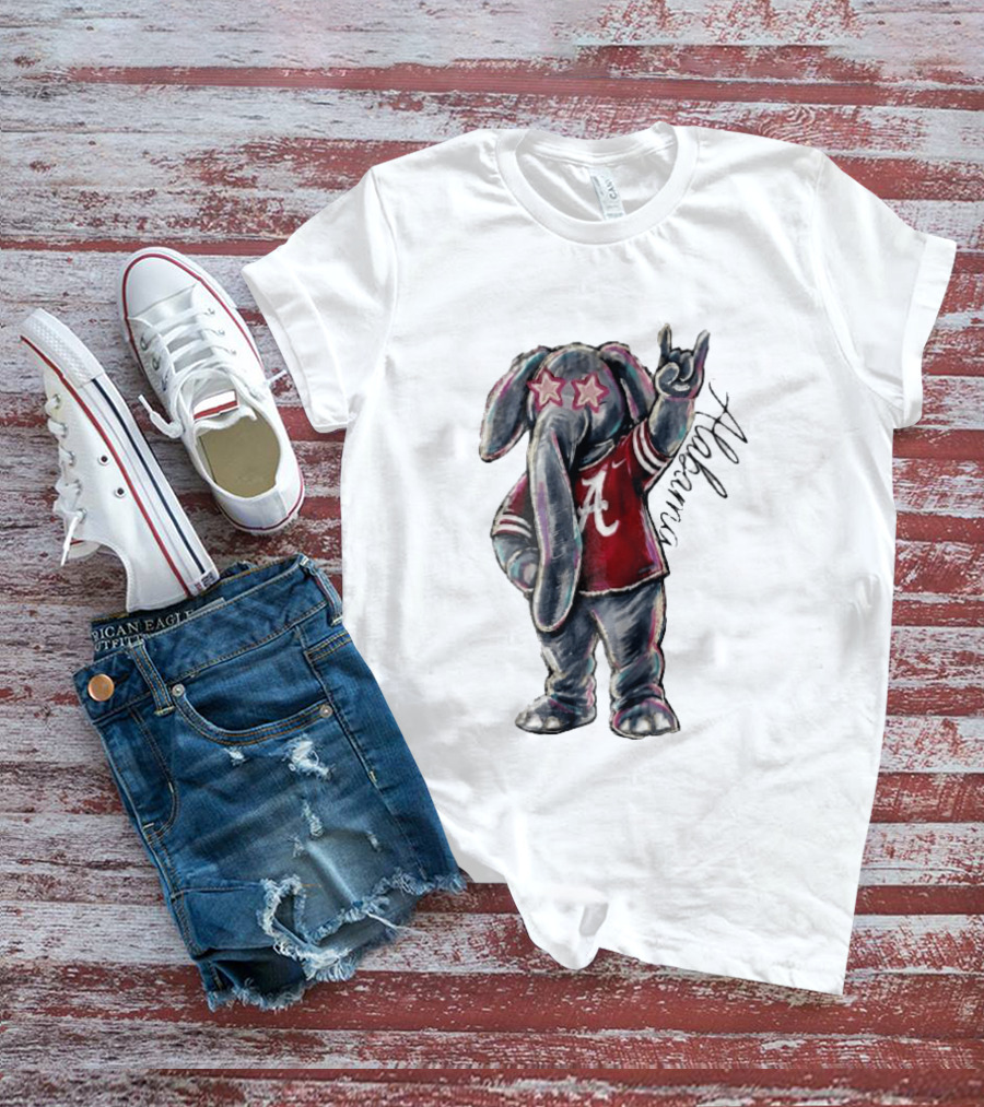 Alabama Crimson Tide Elephant Pink Star Glasses Hand Sign Sketch T-Shirt