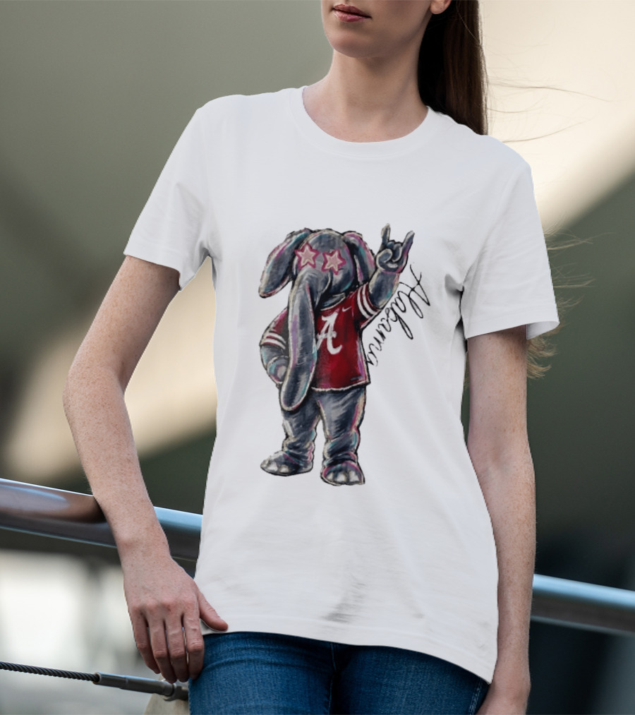 Alabama Crimson Tide Elephant Pink Star Glasses Hand Sign Sketch T-Shirt