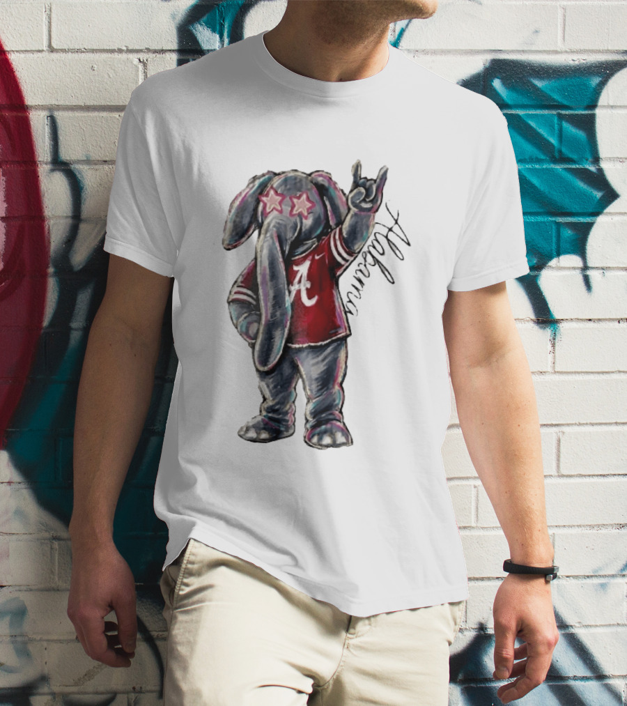 Alabama Crimson Tide Elephant Pink Star Glasses Hand Sign Sketch T-Shirt