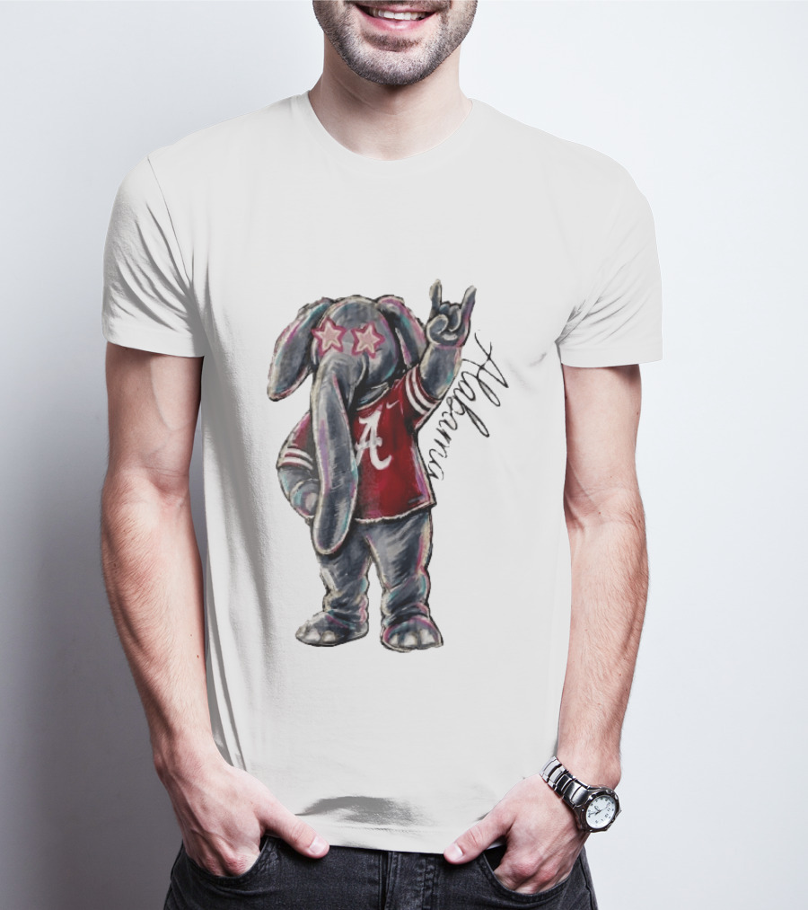 Alabama Crimson Tide Elephant Pink Star Glasses Hand Sign Sketch T-Shirt