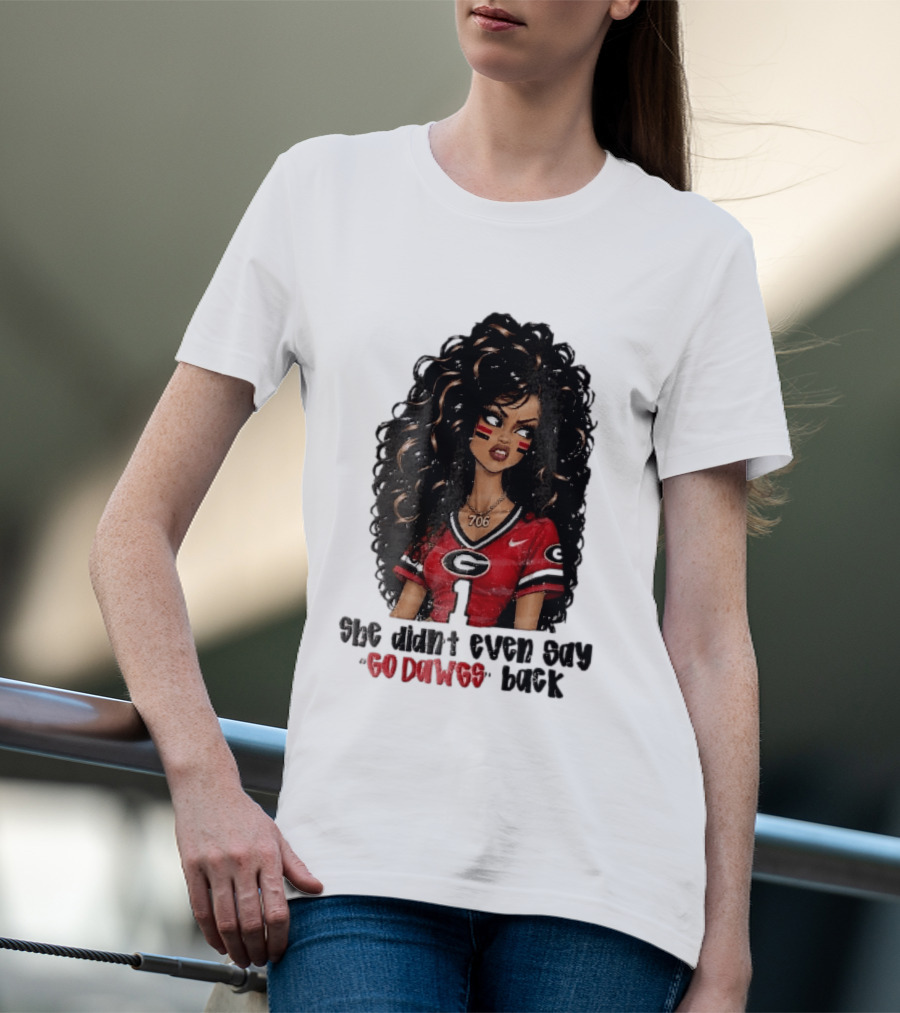 Georgia Bulldogs She Didn't Even Say Go Dawgs Cartoon Woman Curly Hair Red Jersey 706 T-Shirt