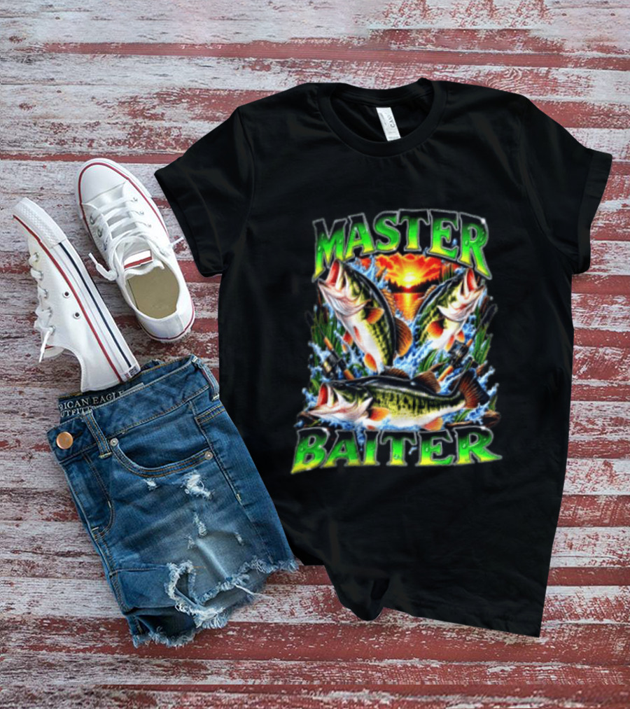 Master Baiter Fishing Large Mouth Bass Sunset Scene T-Shirt